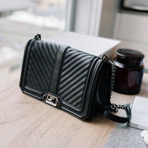 Rebecca Minkoff Chevron Quilted Love Crossbody Bag Deep Black Leather Turnlock